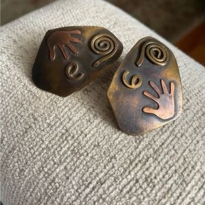 Unique Brass And Copper Pierced Earrings with Hand Design
